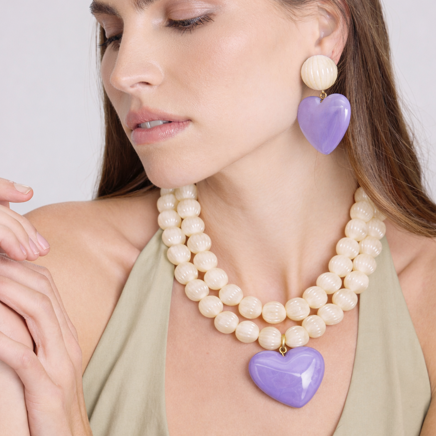 Amour Carved Mother Of Pearl Resin With Lavender Heart Drop Pierced Earrings