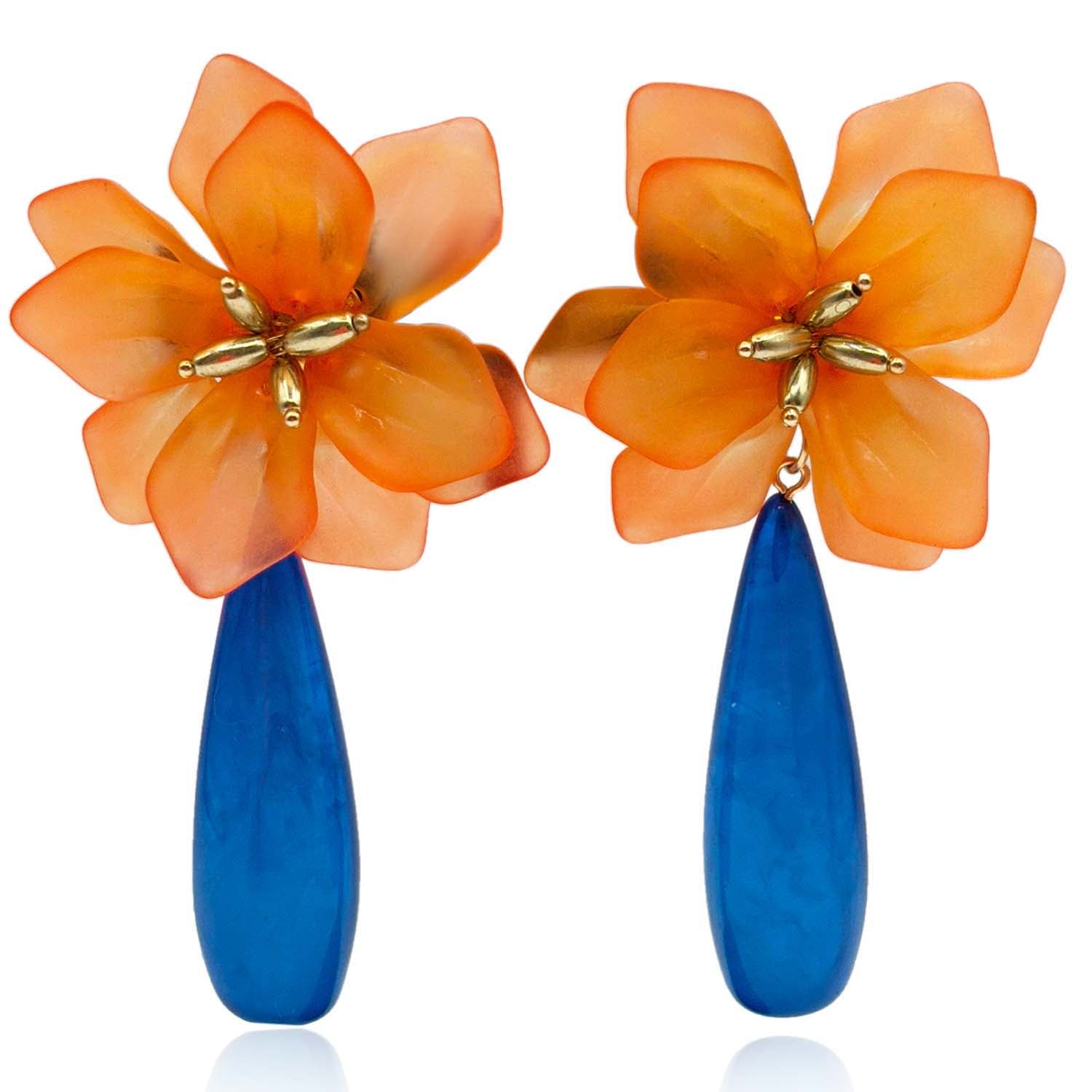 Flora Orange Resin Floral Clip On Earring With Blue Drop