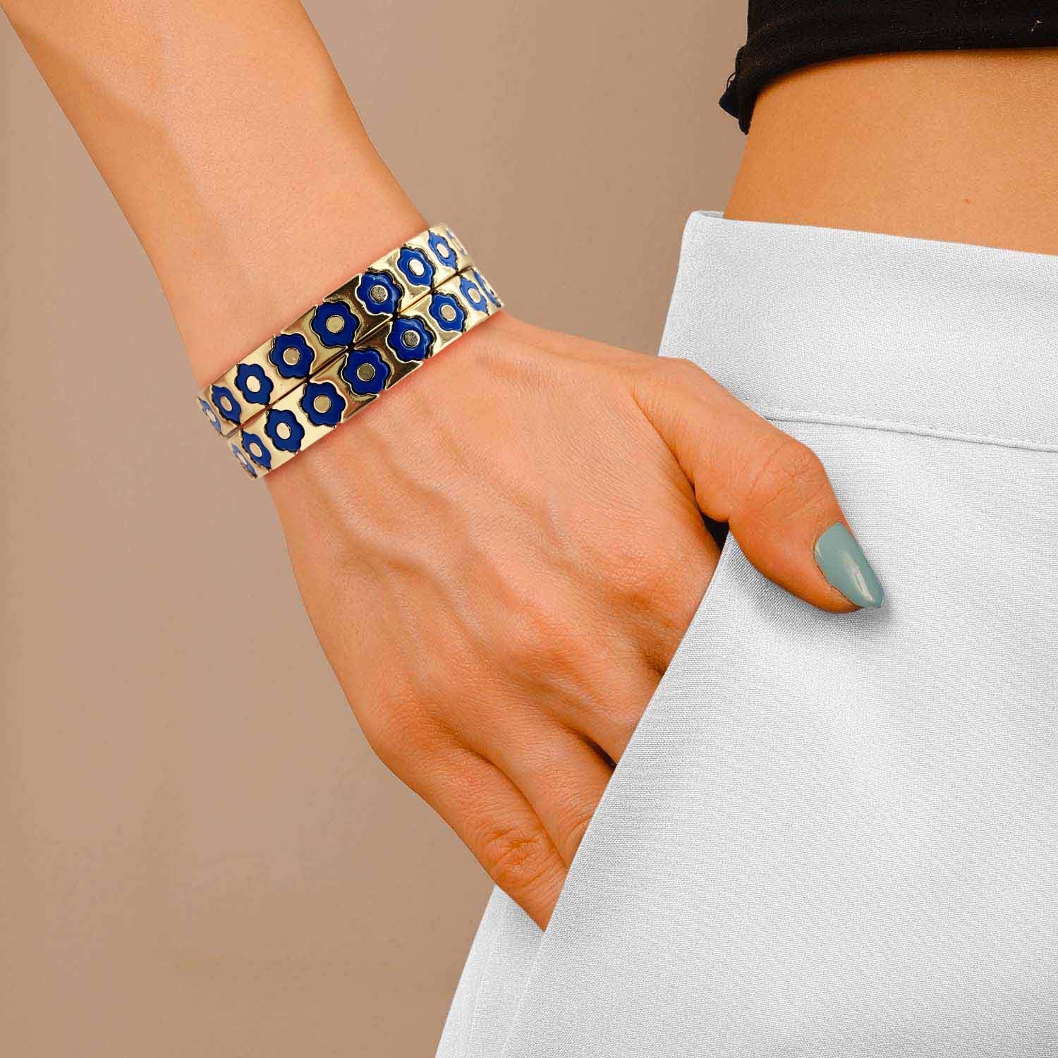 Mirella Navy And Gold Enamel Two-Strand Elasticized Bracelets