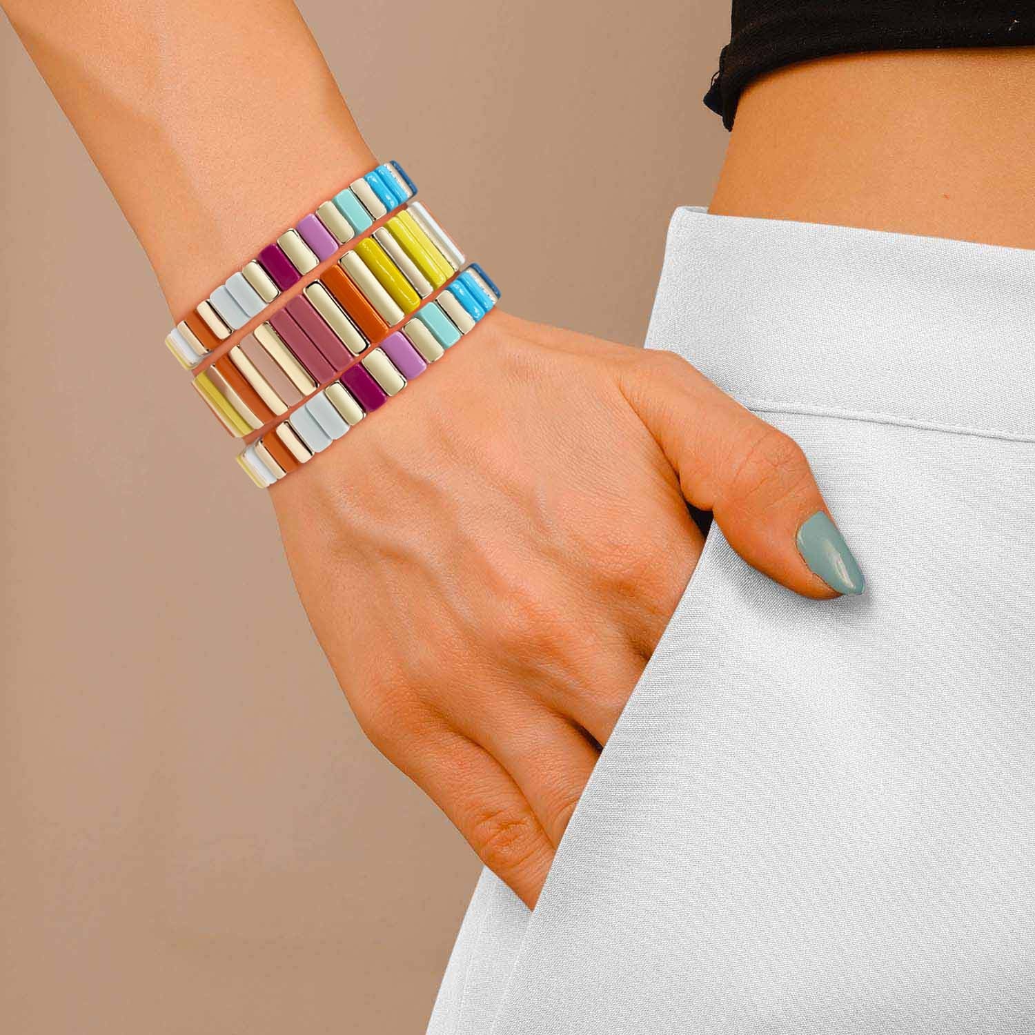 Miria Multi Pastel And Bright Enamel Stretch Three Piece Bracelet Set
