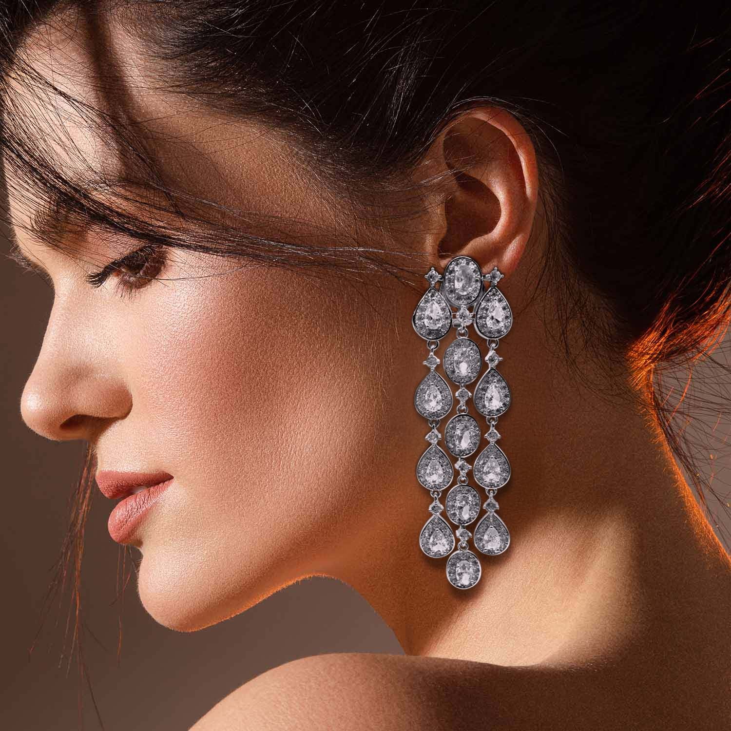 Margaret Multi Shape Crystal Drop Clip On Earrings Set In Rhodium