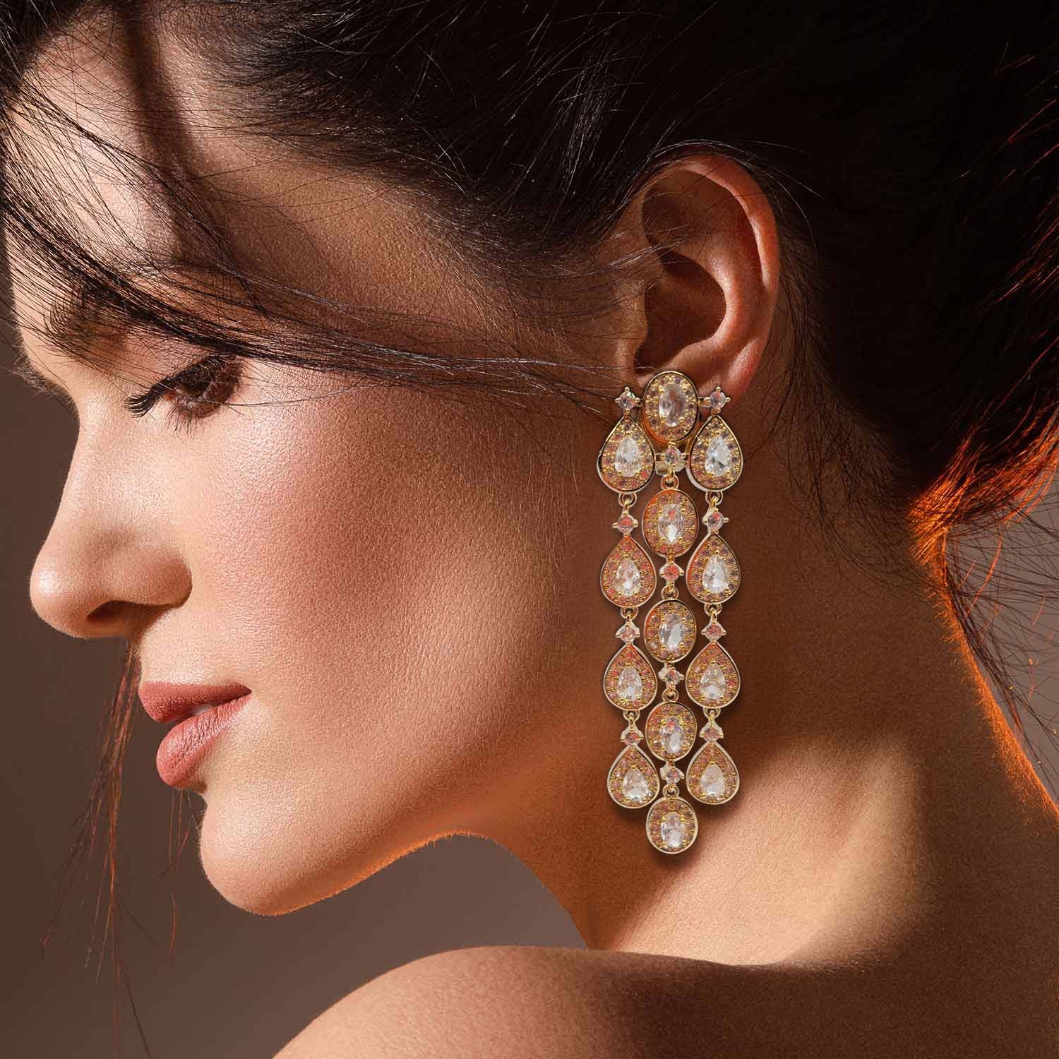Margaret Multi Shape Crystal Drop Clip On Earrings Set In Gold Plate