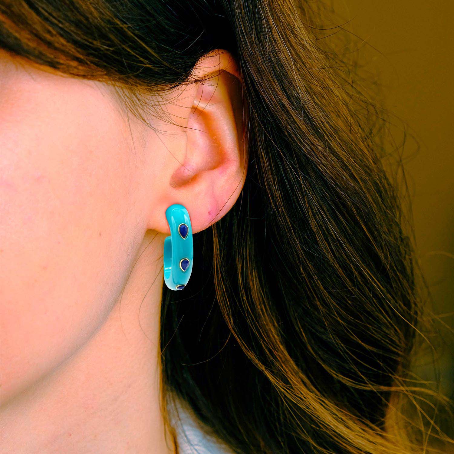Genevieve Turquoise Resin Hoop Earrings With Faceted Lapis Glass Pear Stones