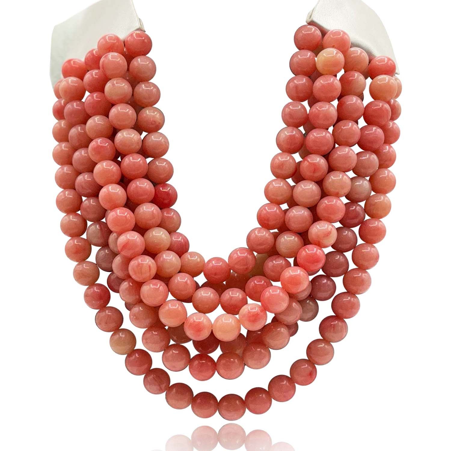 Isadora Multi-Strand Coral Resin Bead Necklace With Ivory Vegan Leather Adjustable Clasp