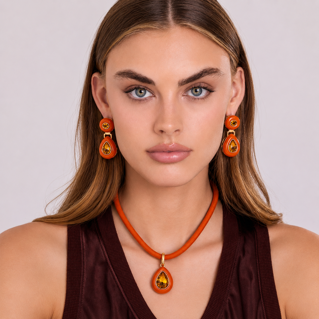 Lena Orange Resin And Topaz Drop Earrings