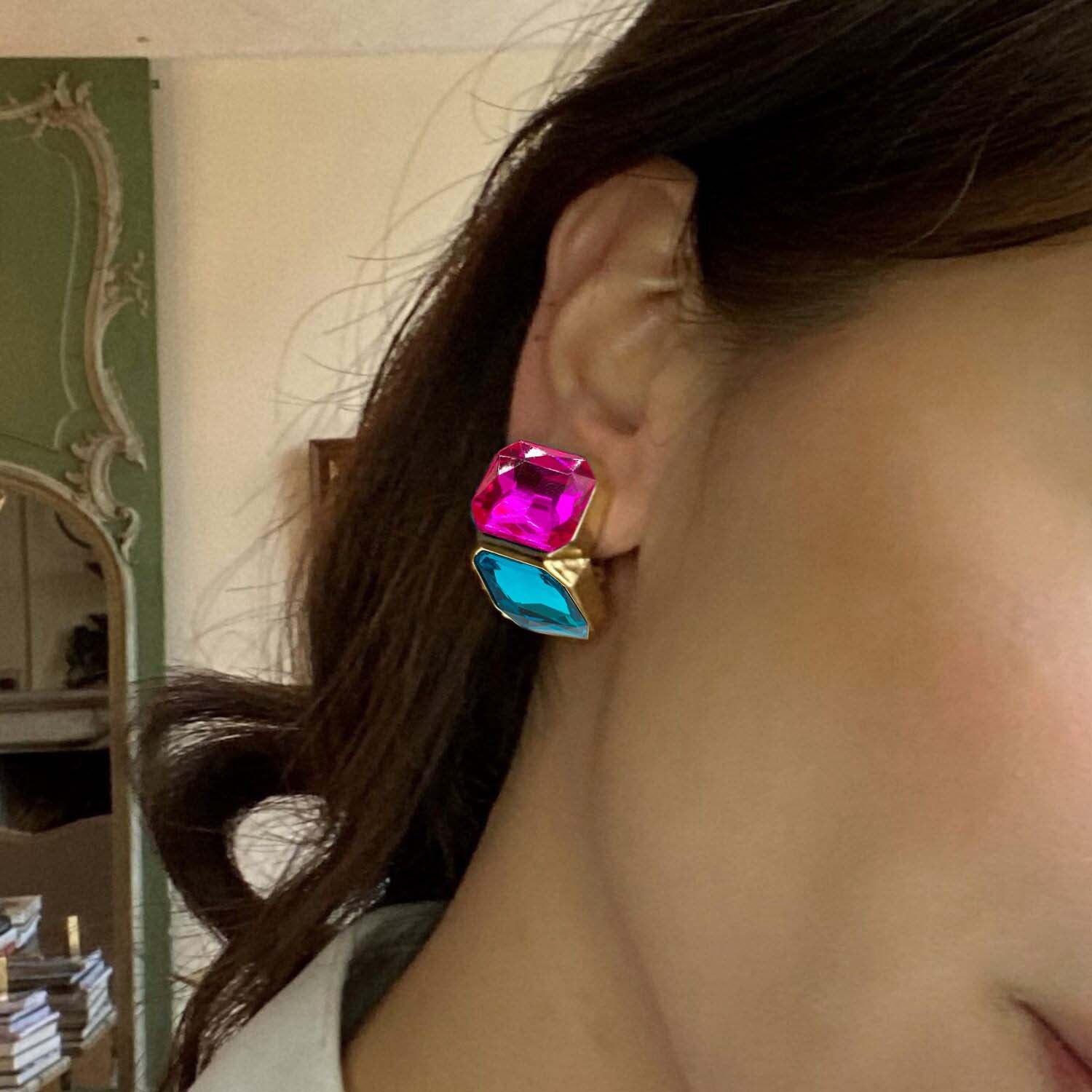 Clara Fuchsia And Peacock Blue Double Stone Clip Earrings
