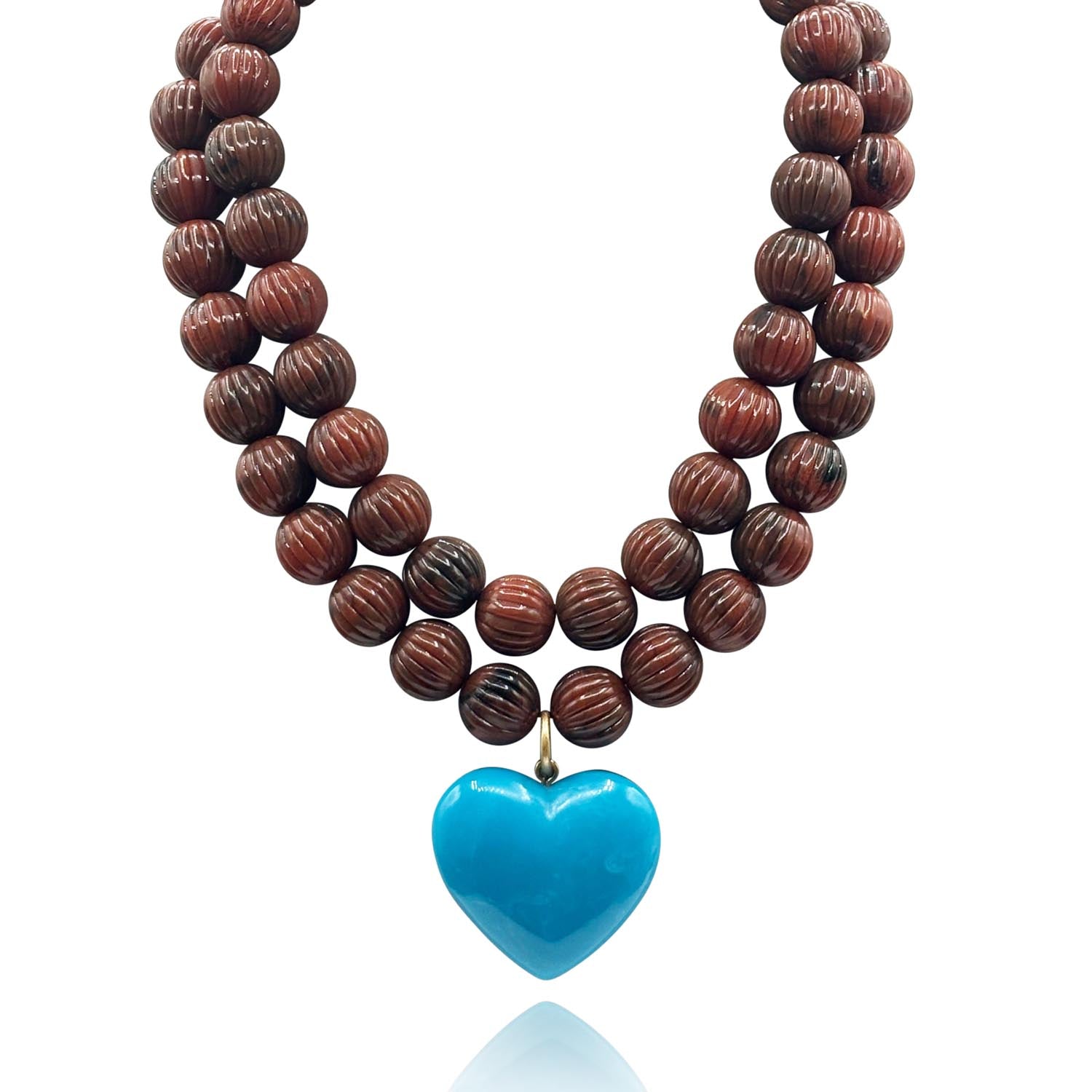 Amour Carved Tortoise Resin Bead Necklace With Turquoise Resin Heart Pendant