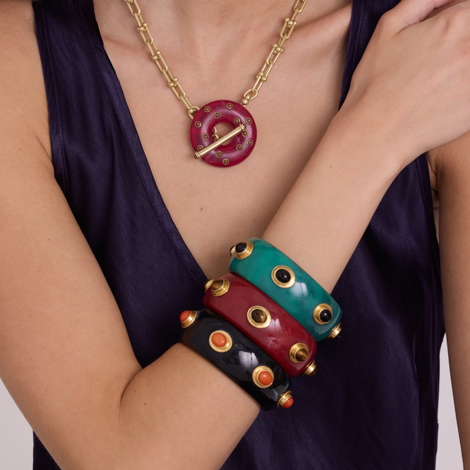 Renee Bangle In Black Resin And Carnelian Stones