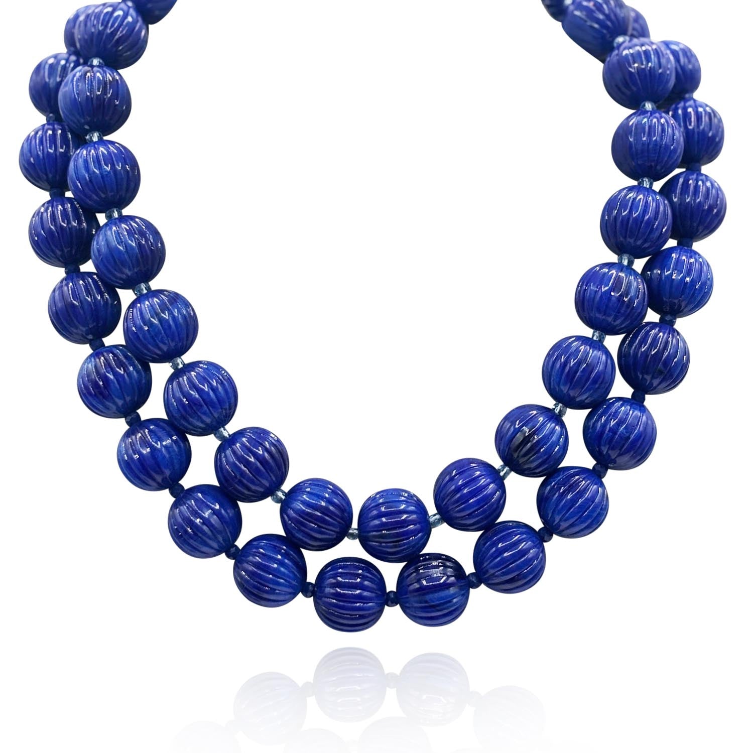 Vicenza Sapphire Resin Carved Seventeen And One Half Inches Melon Bead Necklace