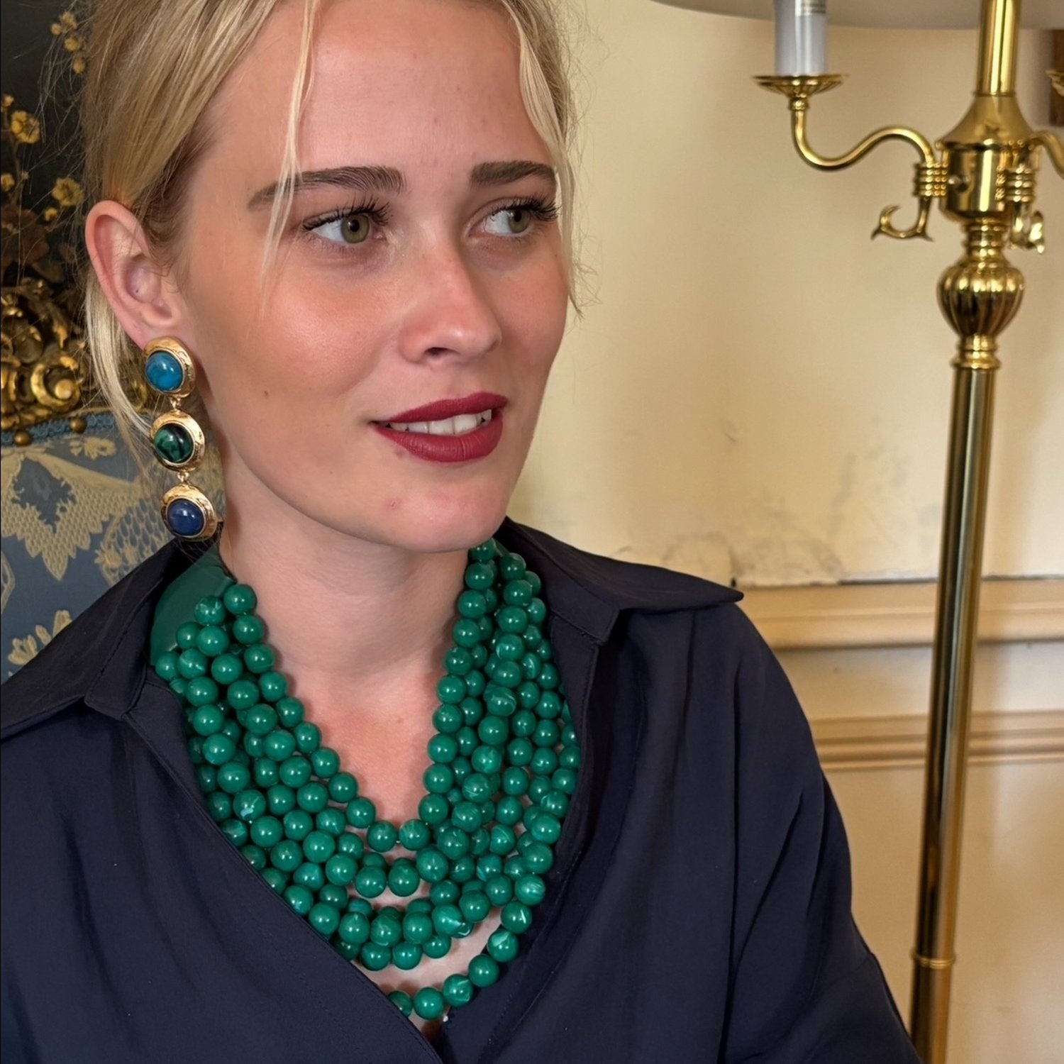 Violetta Three Stone Turquoise And Malachite Resin Pierced Earrings