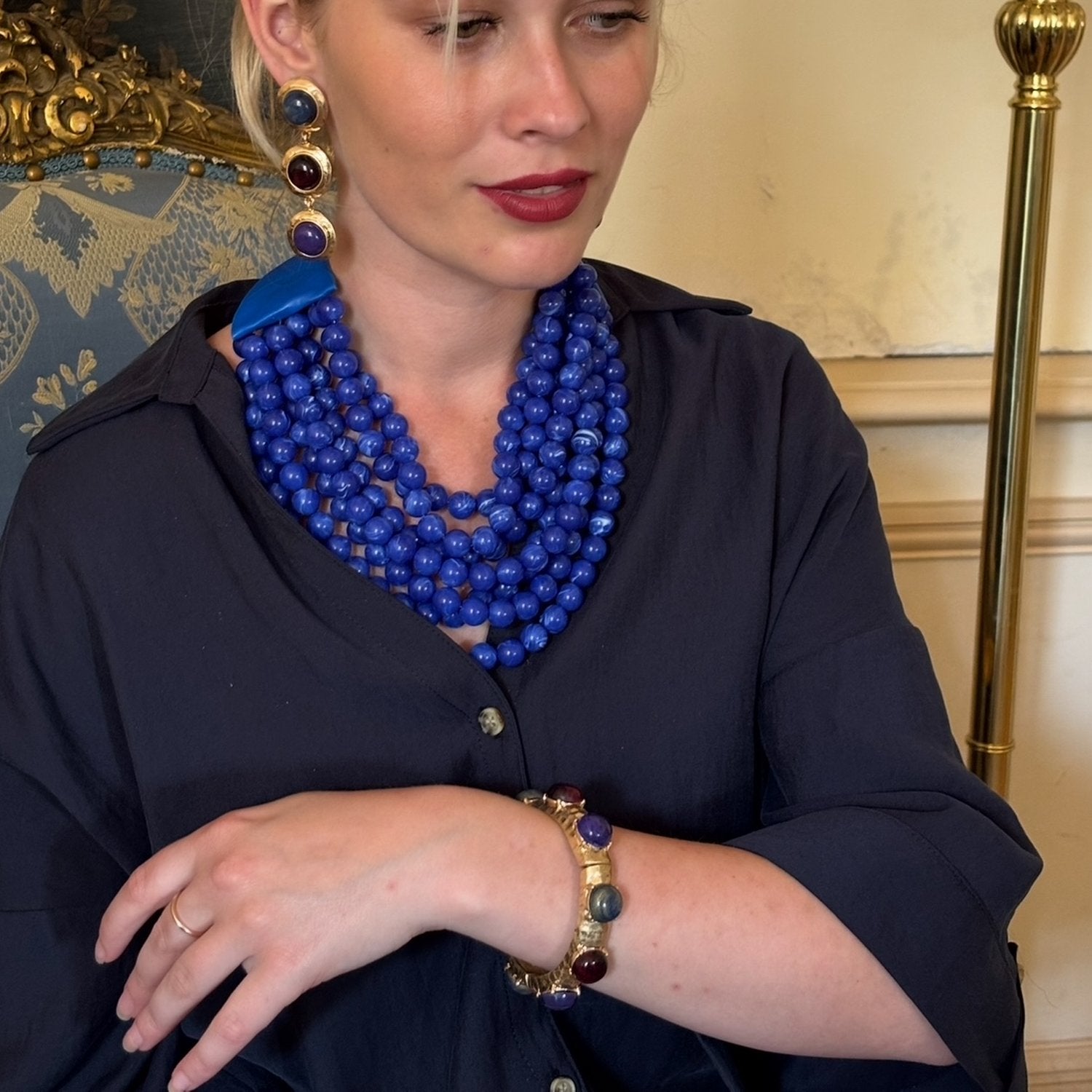 Isadora Lapis Resin Multi Strand Necklace With Vegan Adjustable Clasp