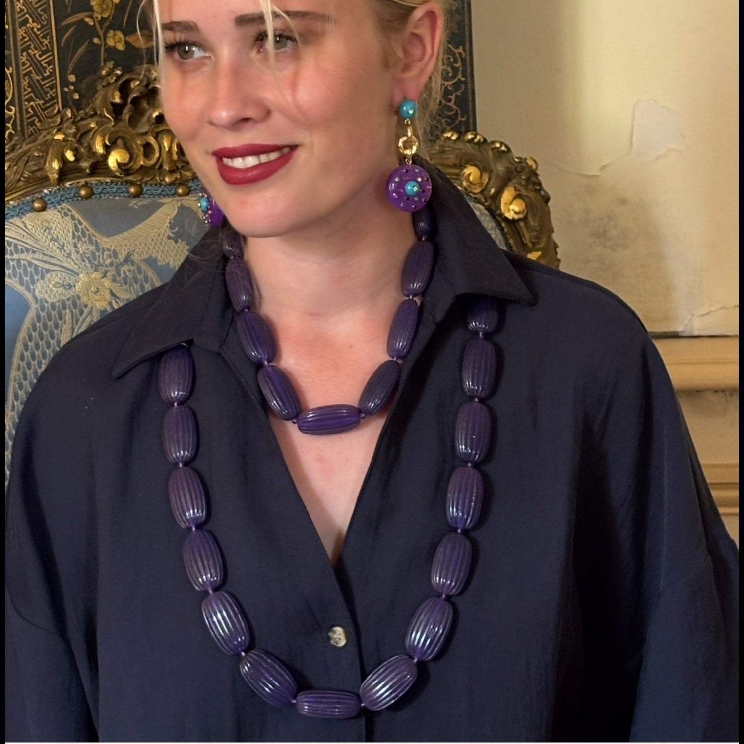 Renata Large Amethyst Resin Carved Bead Necklace