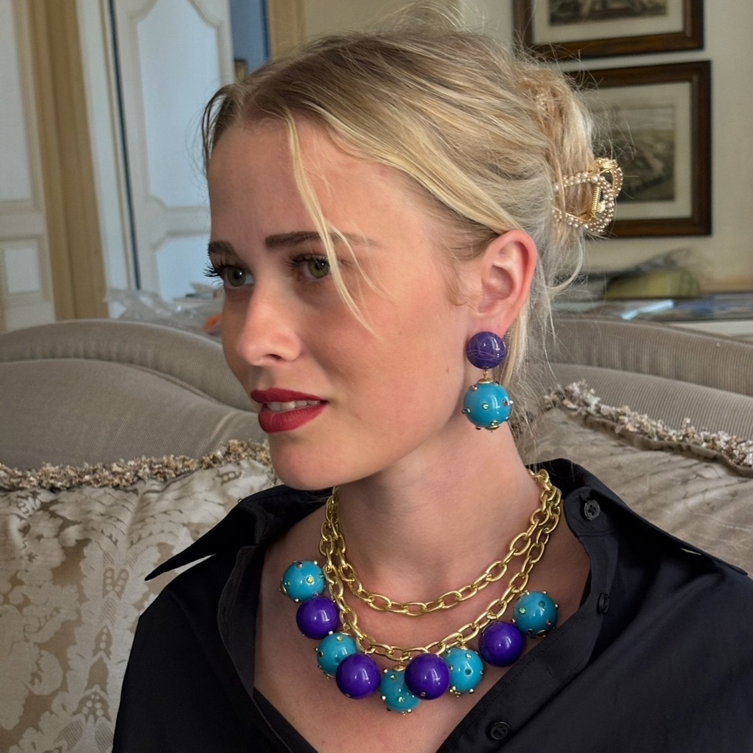 Valentina Purple And Turquoise Resin Studded Pierced Earrings