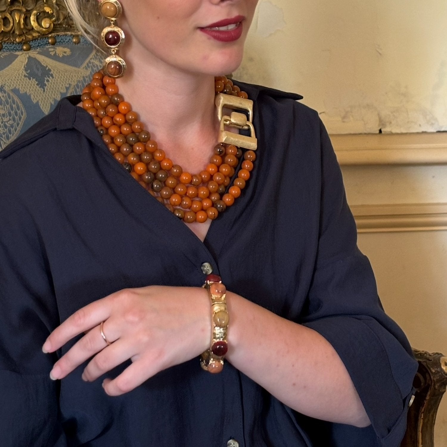 Violetta Three Stone Carnelian And Amber Resin Pierced Earrings