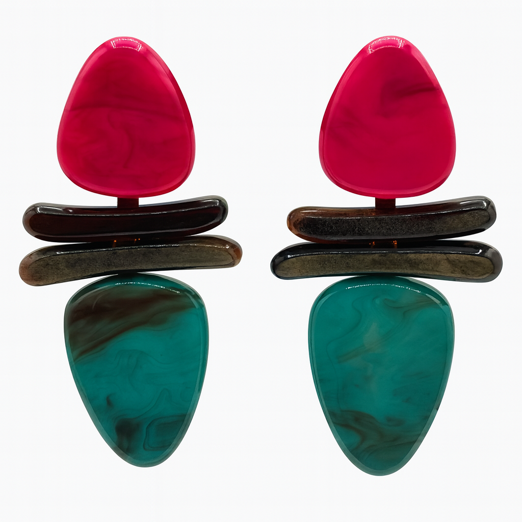 Pendientes de resina con forma de gota de Penélope Luisa en fucsia, carey y turquesa