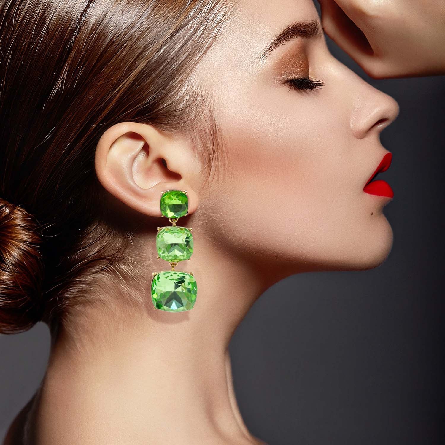 Mackenzie Triple Cushion Shape Peridot Drop Earrings