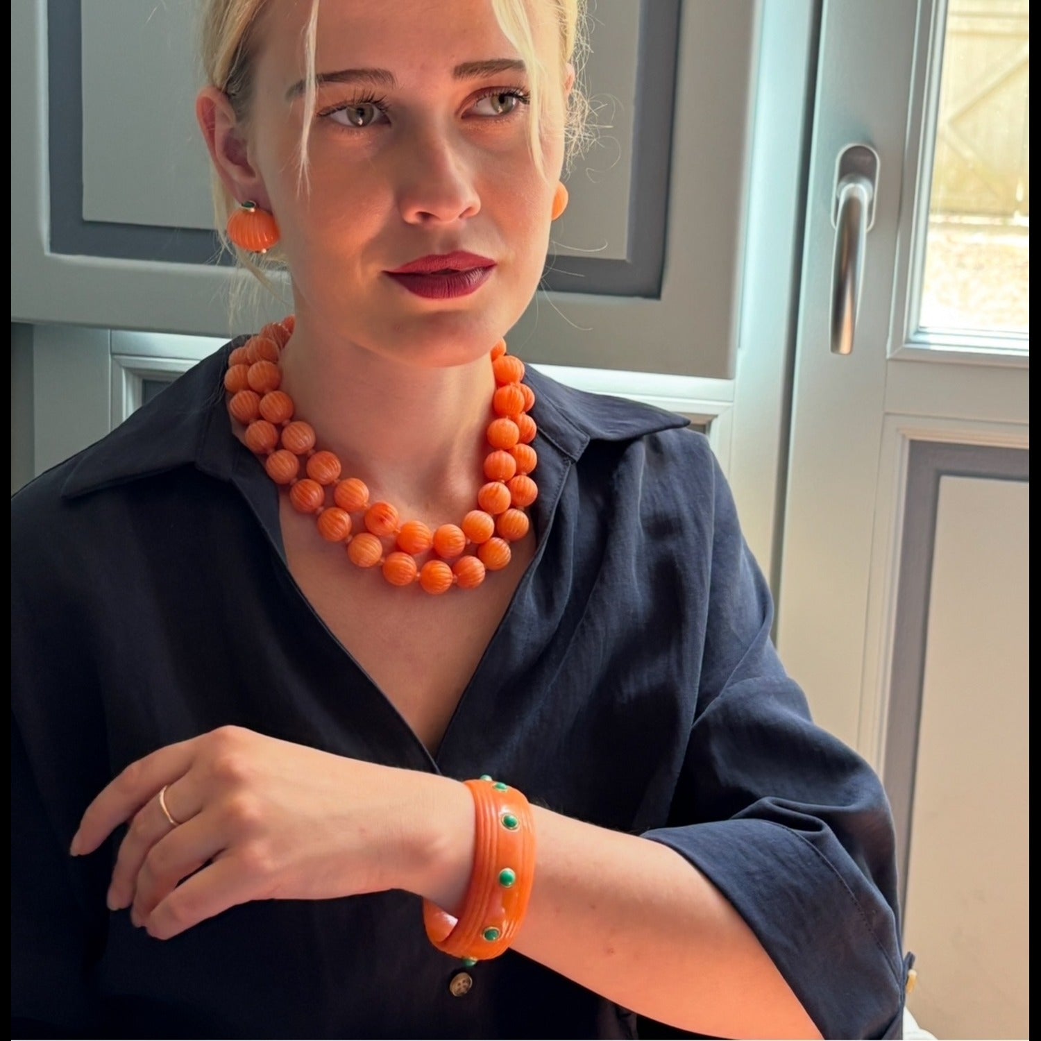 Rosa Coral And Jade Resin Bangle