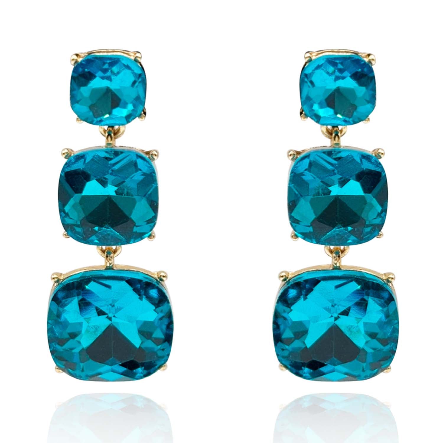 Mackenzie Triple Cushion Shape Teal Drop Earrings