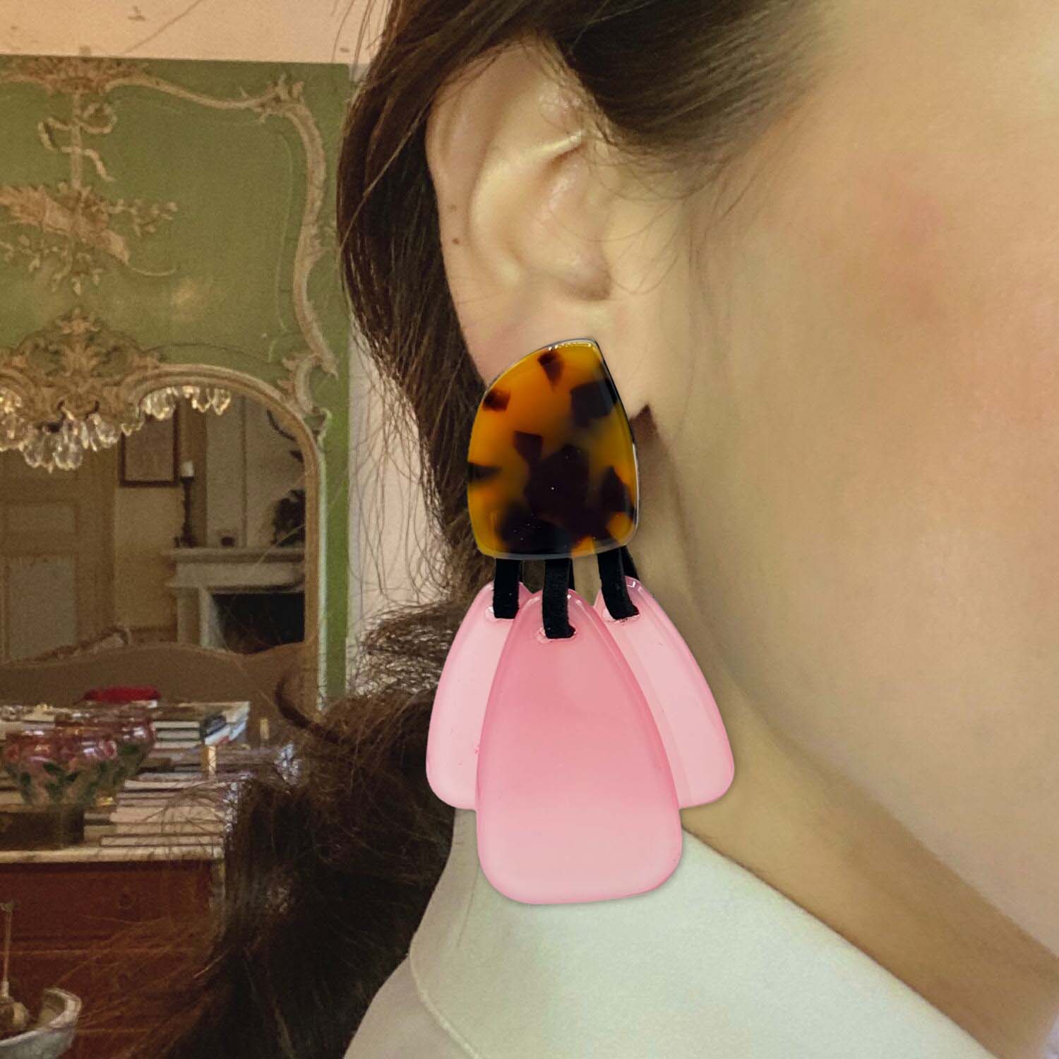 Patrizia Tortoise Resin Top Earrings With Pale Pink Resin Drops