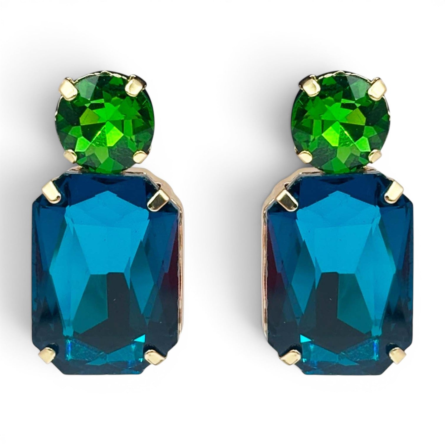 Pendientes colgantes de octágono de cristal azul pavo real y turmalina verde de Adelle