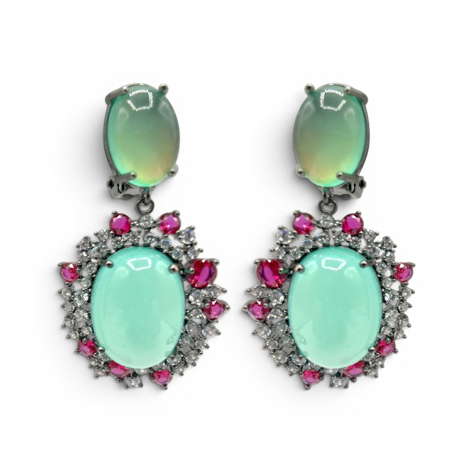 Pendientes Amedea de rodio negro con ópalo verde, rubí rosa y cristal transparente.