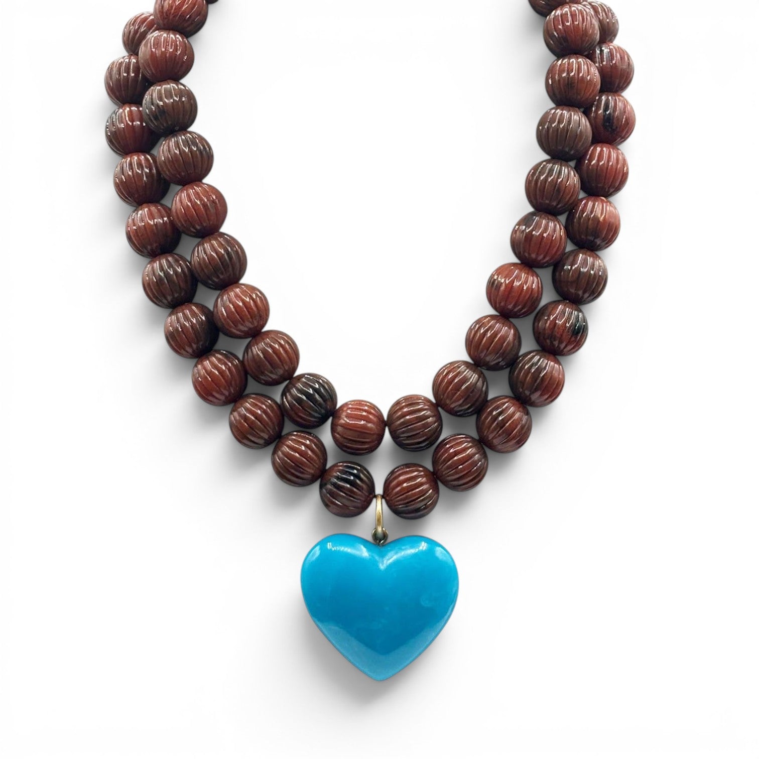 Amour Carved Tortoise Resin Bead Necklace With Turquoise Resin Heart Pendant