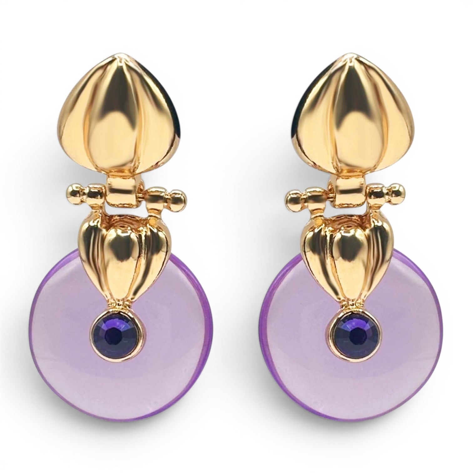 Pendiente colgante de oro Ghislaine con gota de resina de amatista
