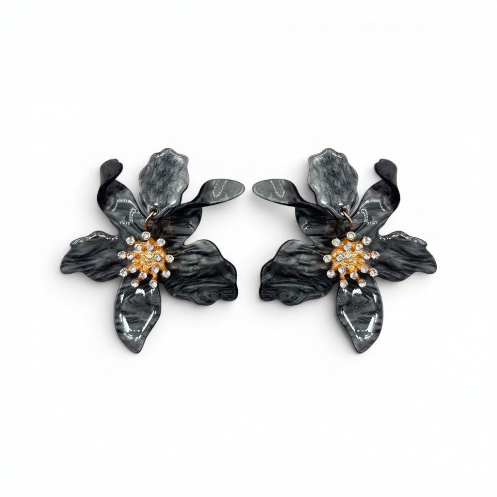Aurelia Hematite Colored Floral Resin Drop Earrings