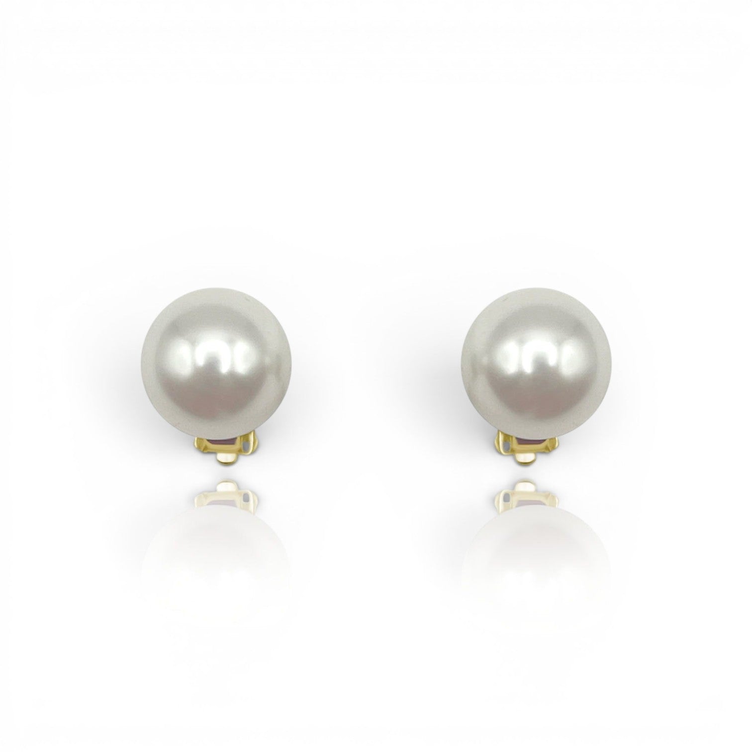 Celine Large Round Clip On Shell Based Pearl Earrings In Gold Plated Sterling Silver