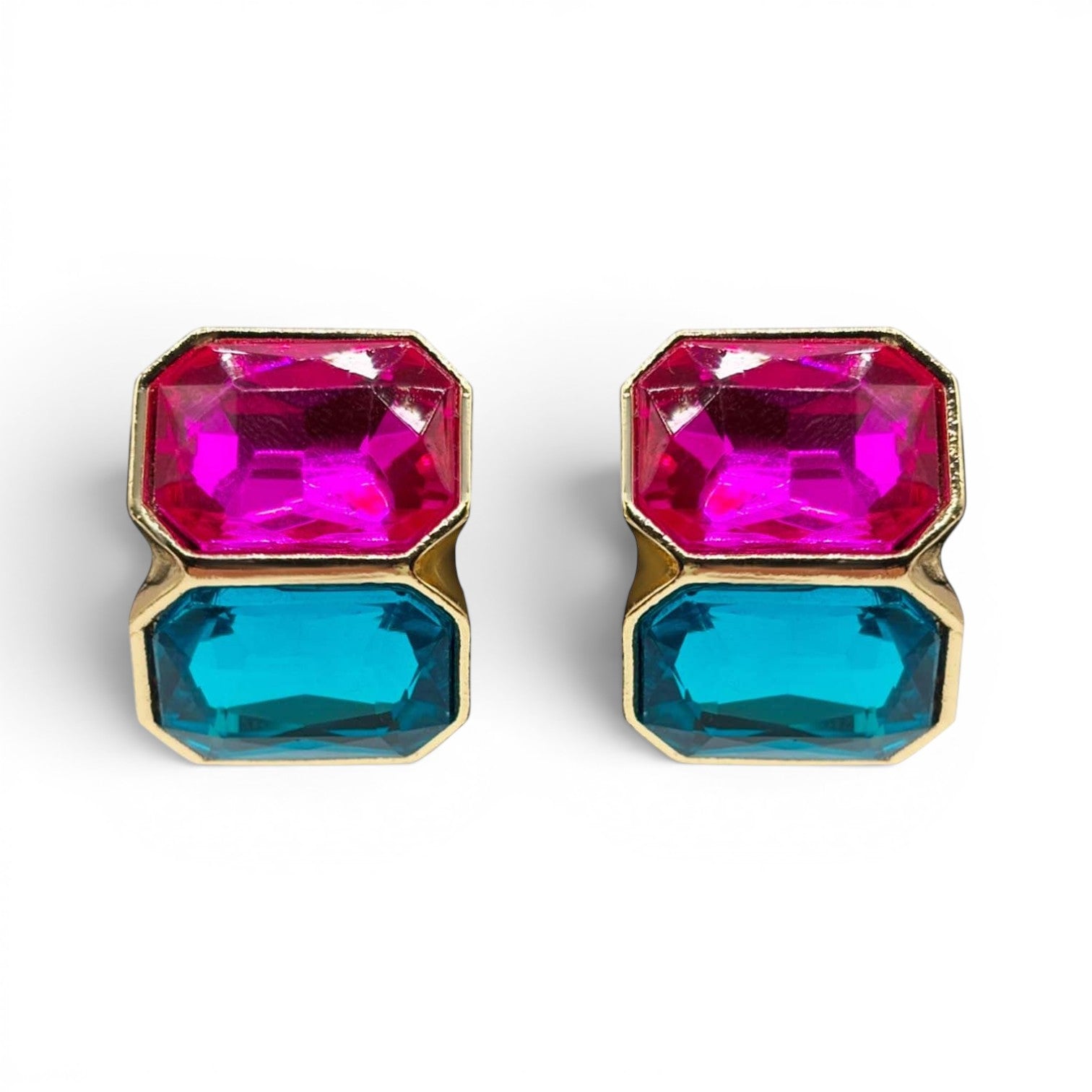 Pendientes de clip con doble piedra fucsia y azul pavo real de Loria