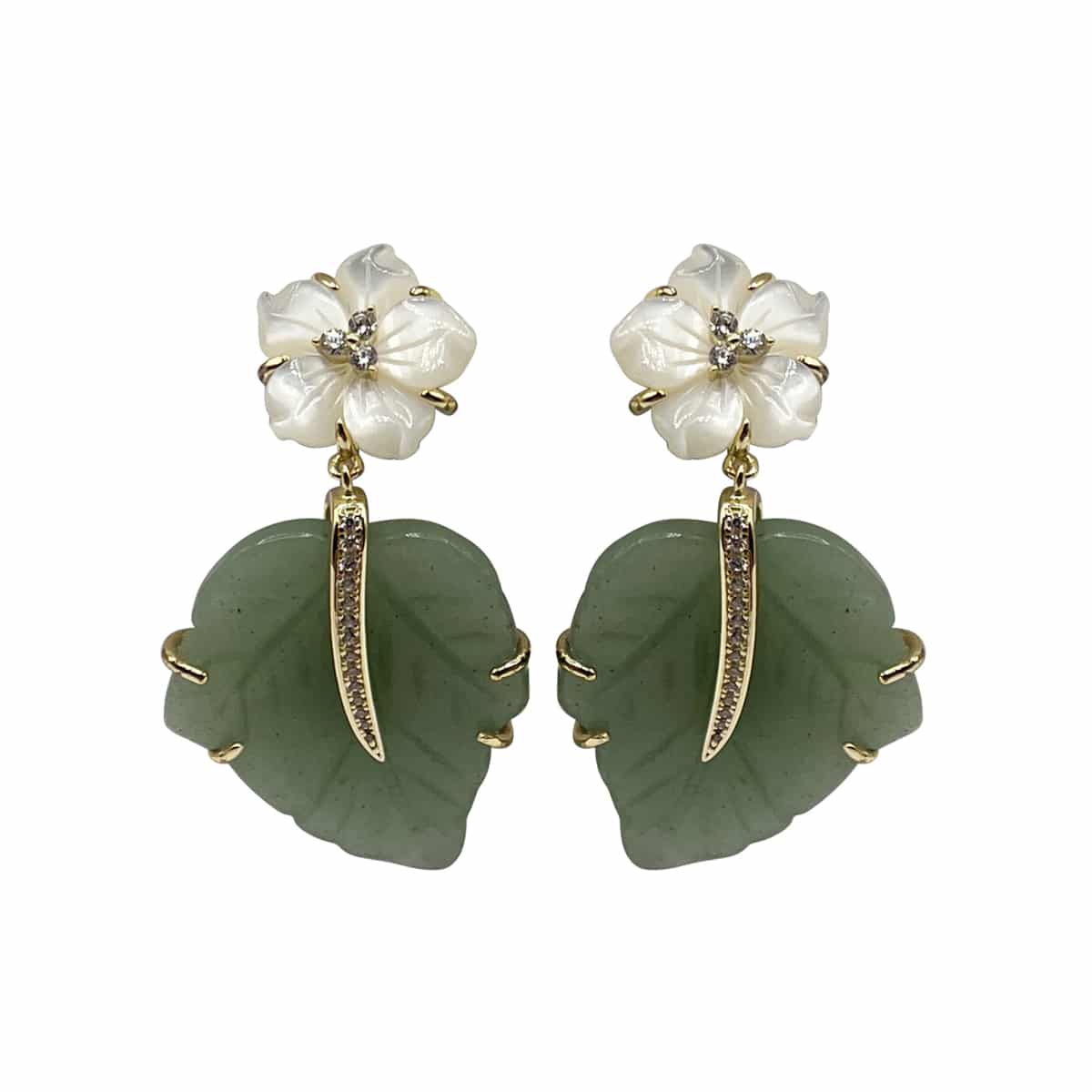 Bethany Mother Of Pearl Flower Earrings With Jade Leaf Drop