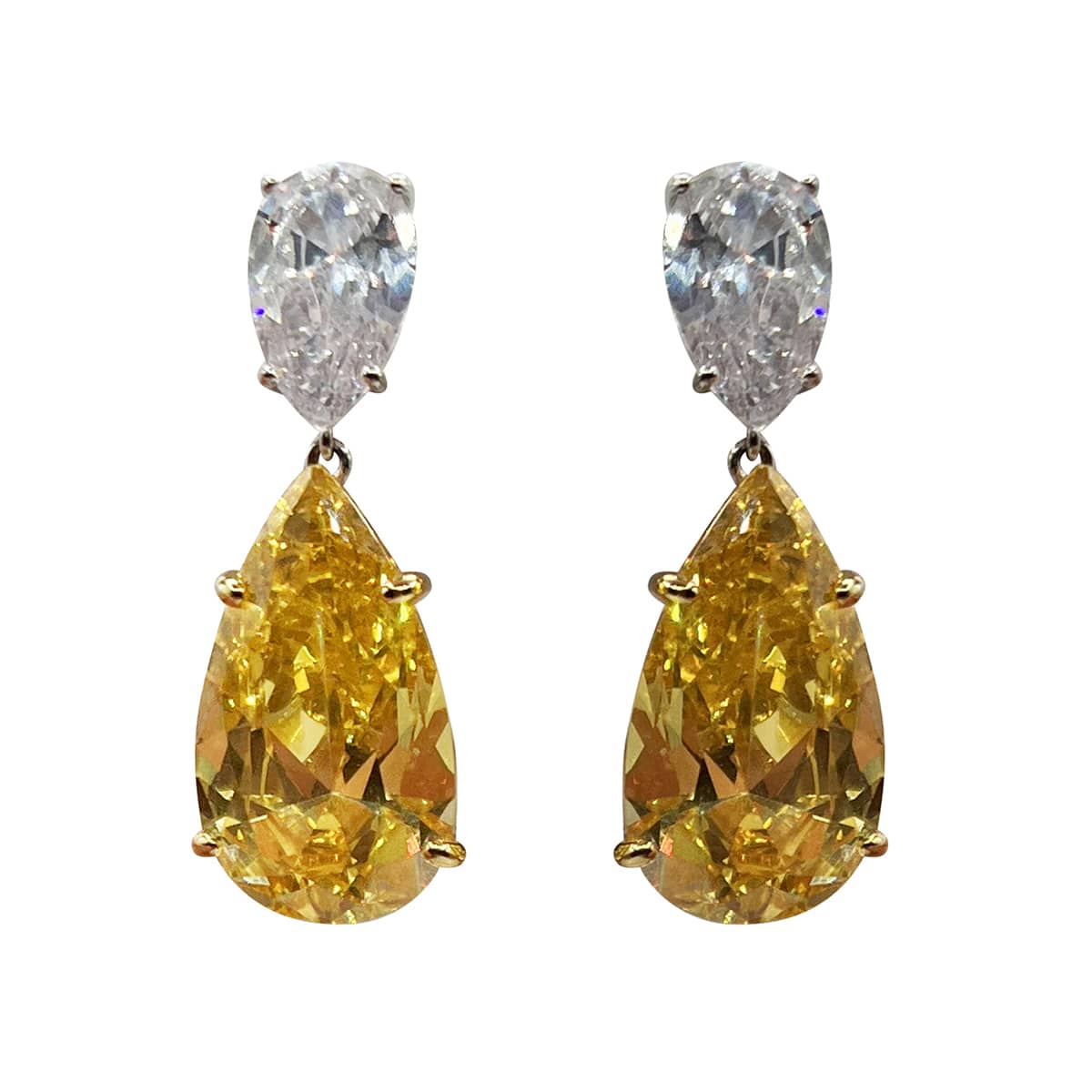 Celestina Large Double Pear Canary And Diamond Clip Earrings Set In Sterling Silver