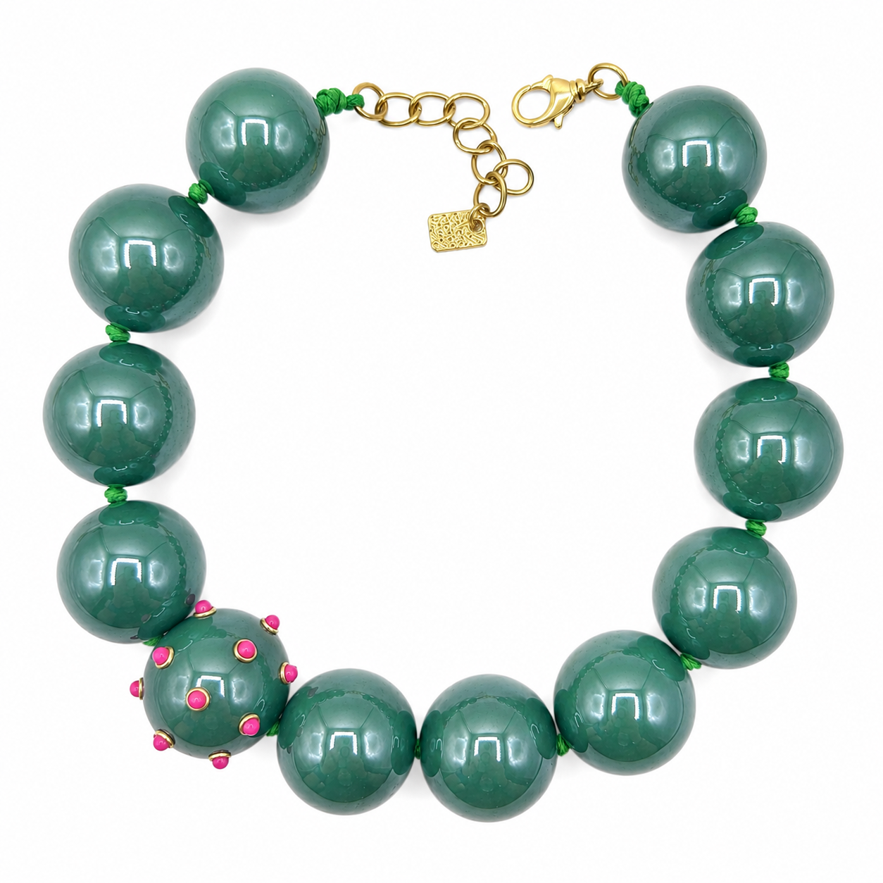 Sienna Forest Green Necklace With Fuchsia Studded Ball