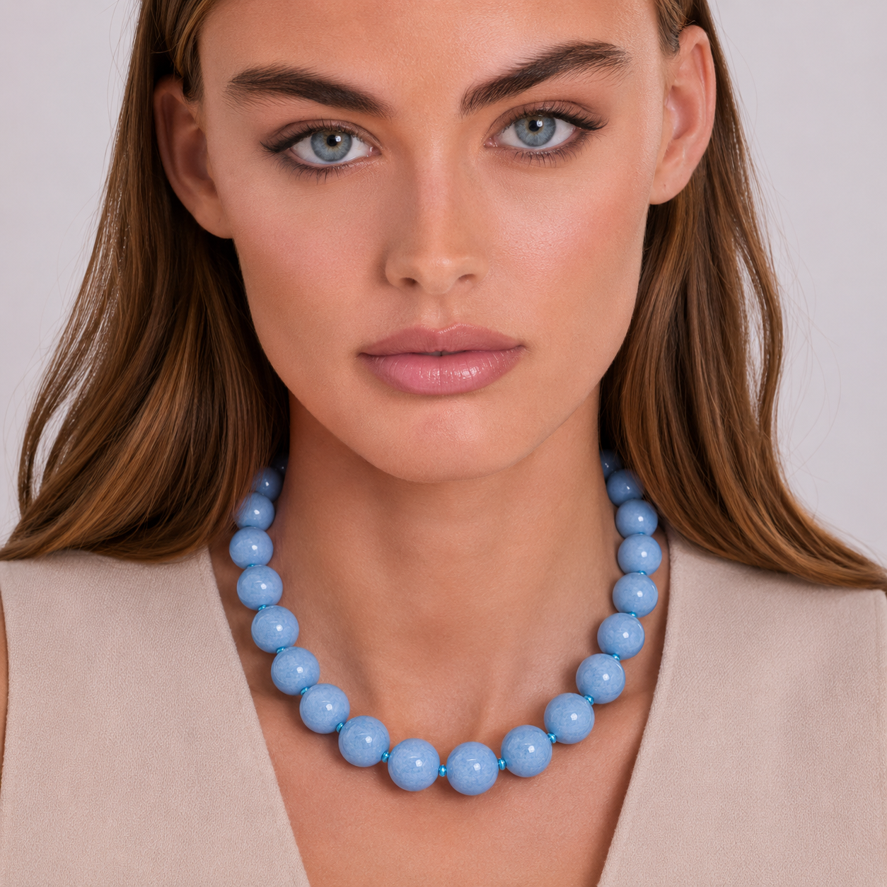 Abigail 14Mm Blue Agate Knotted Semi Precious Necklace
