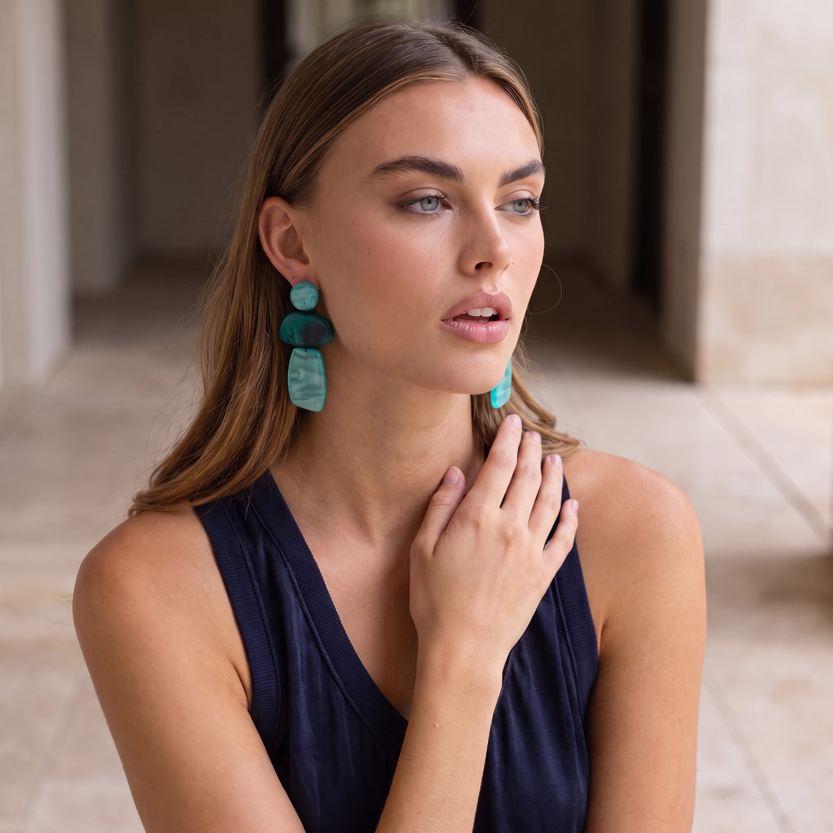 Puzzle Resin Shades Of Blue Triple Drop Earrings