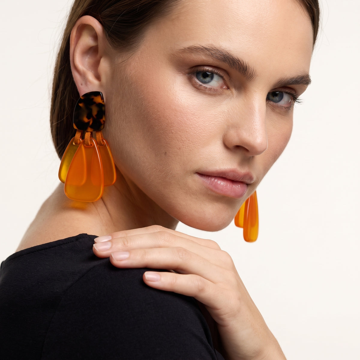 Patrizia Tortoise Resin Top Earrings With Ochre Resin Drops