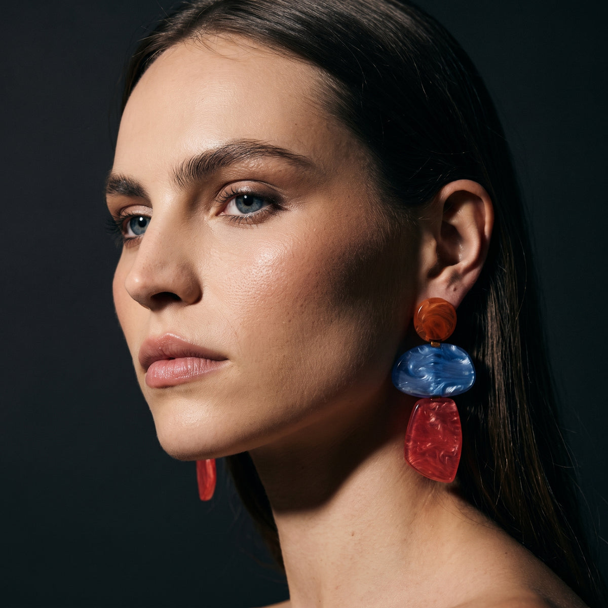 Puzzle Resin Amber, Blue, And Cinnamon Multi Triple Drop Earrings