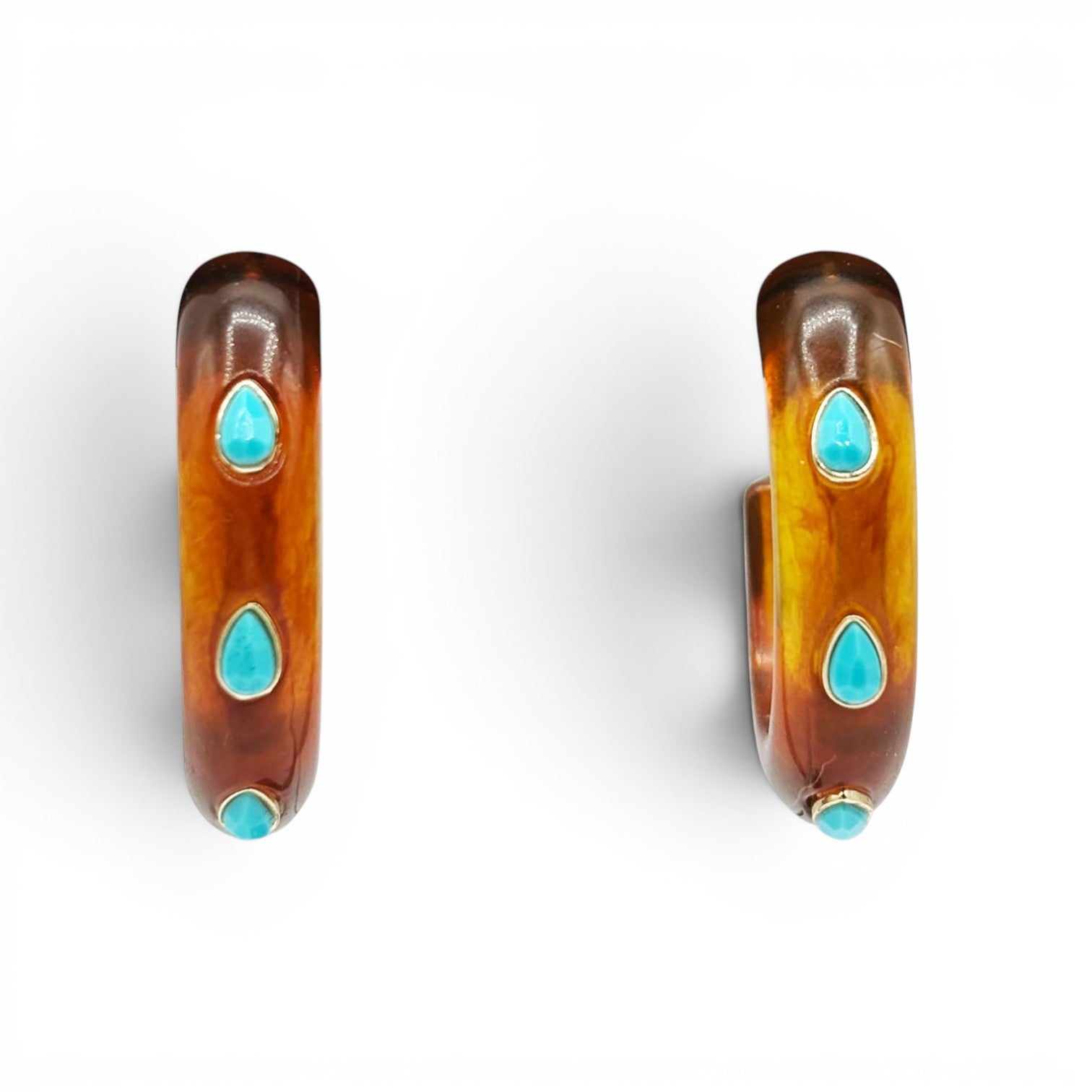 Genevieve Tortoise Resin Hoop Earrings With Faceted Turquoise Glass Pear Stones