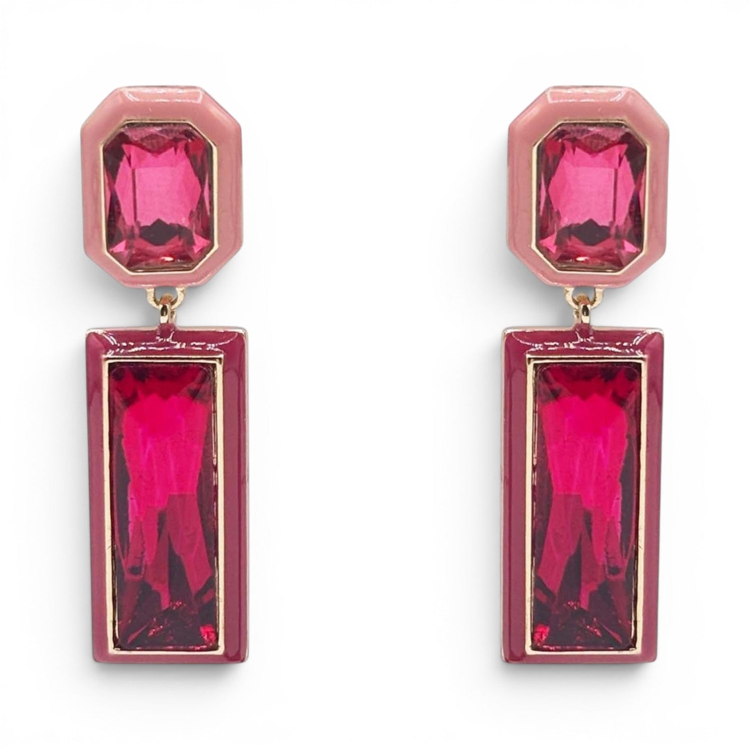 Pendientes Gioia de piedra de cristal rosa y fucsia con bordes de esmalte rosa y rojo