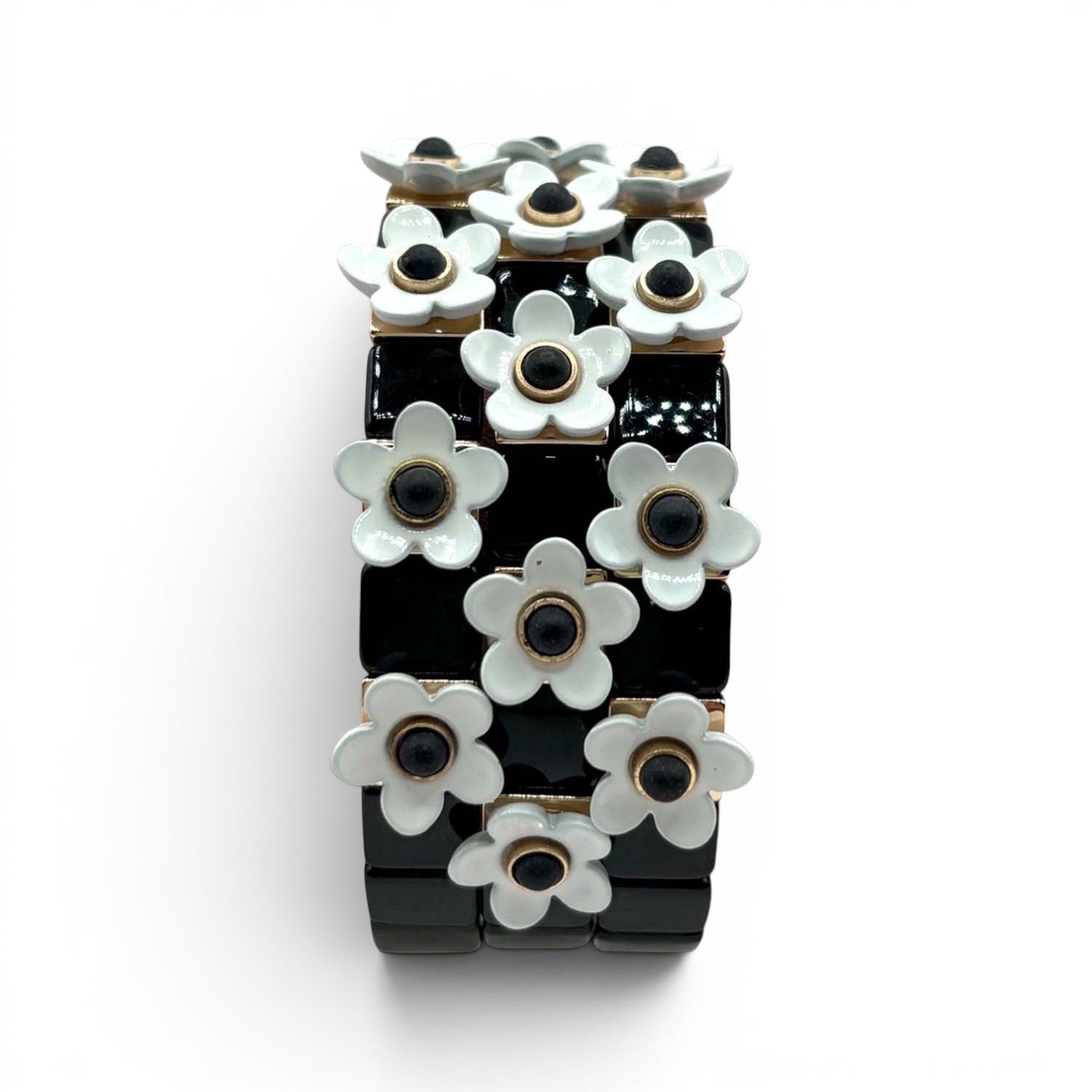 Grazia Black And White Floral Enamel Elasticized Bracelets