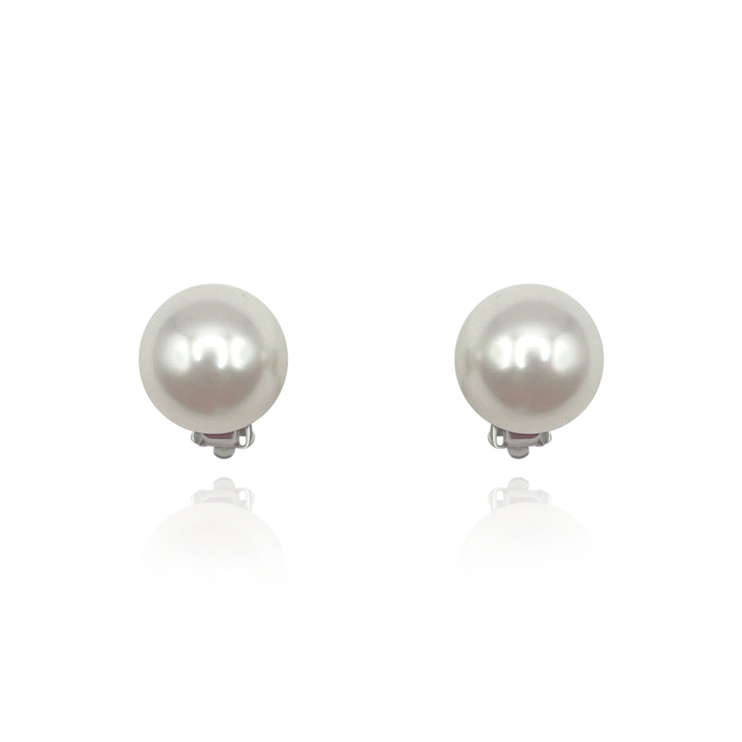 Cherie Large Round Shell Based Pearl Clip On Earrings Set In Sterling Silver