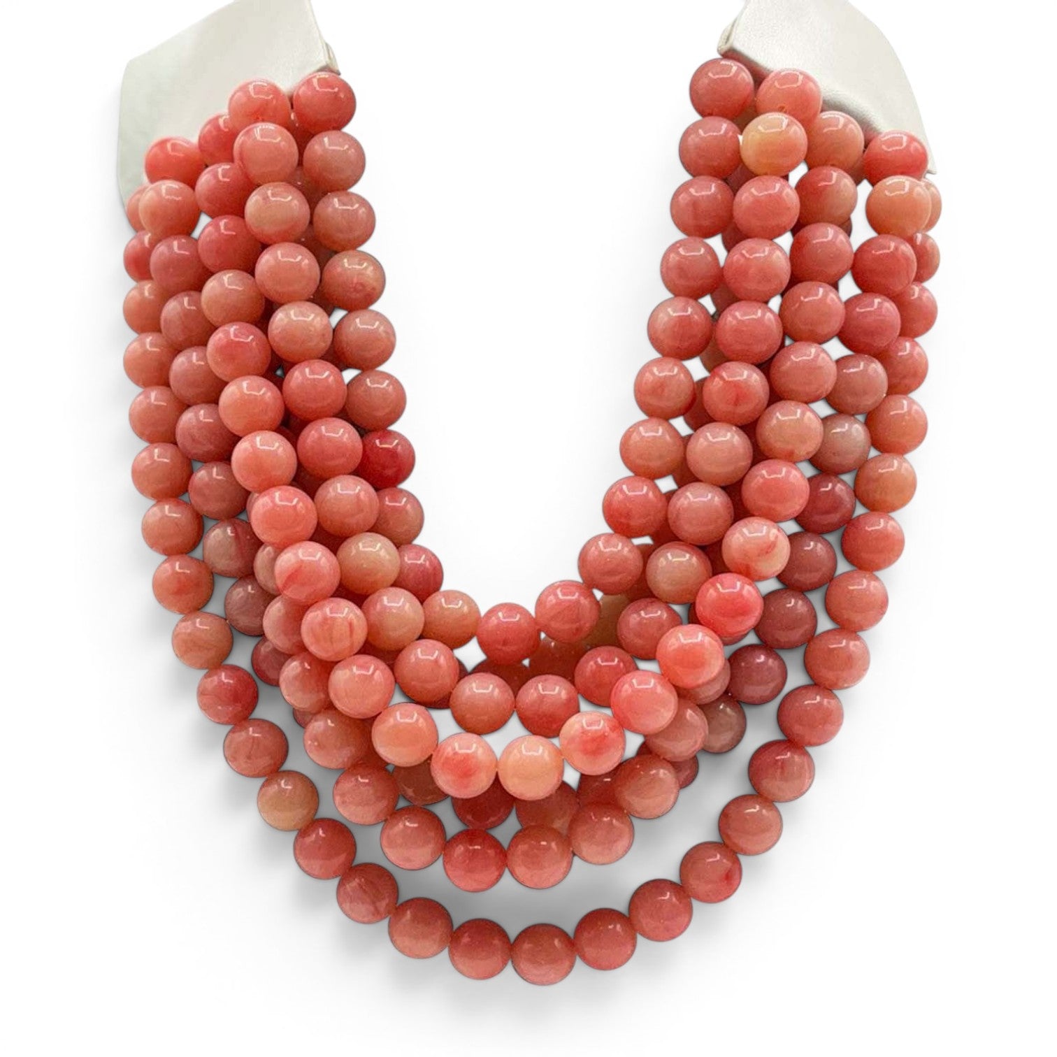 Isadora Multi-Strand Coral Resin Bead Necklace With Ivory Vegan Leather Adjustable Clasp