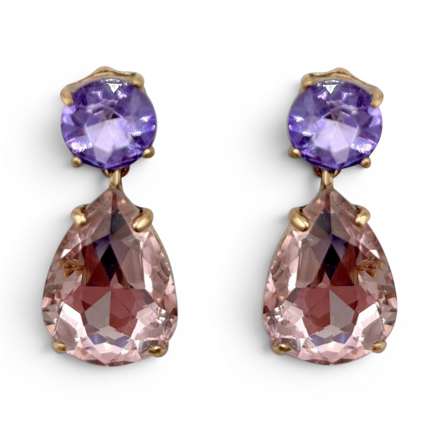 Marina Large Pear-Faceted Rose And Light Amethyst Crystal Drop Earrings In Brass With Gold Plating