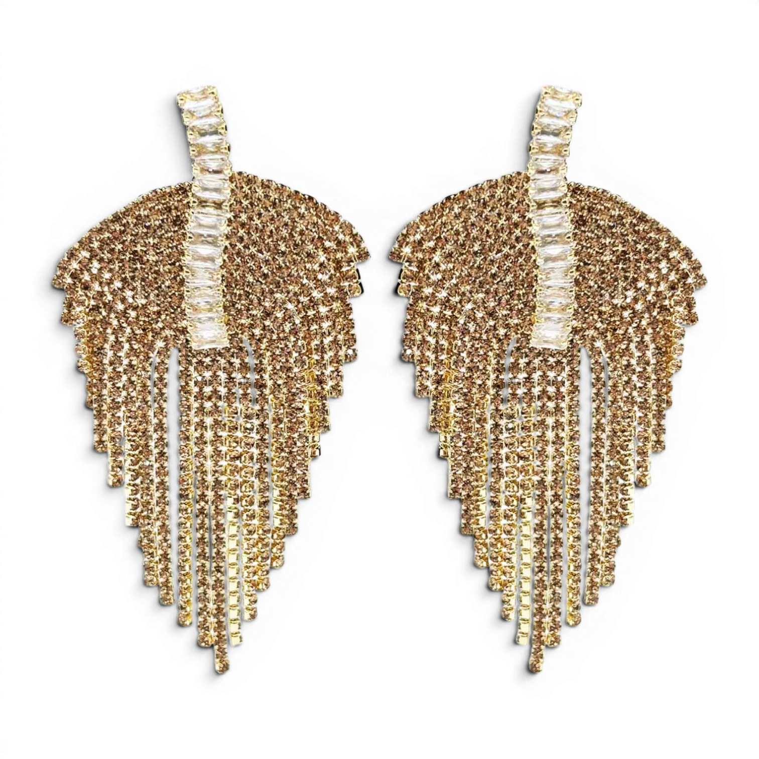 Mimi Deco Style Gold Clip On Drop Earrings With Crystal And Crystal Baguette Accents