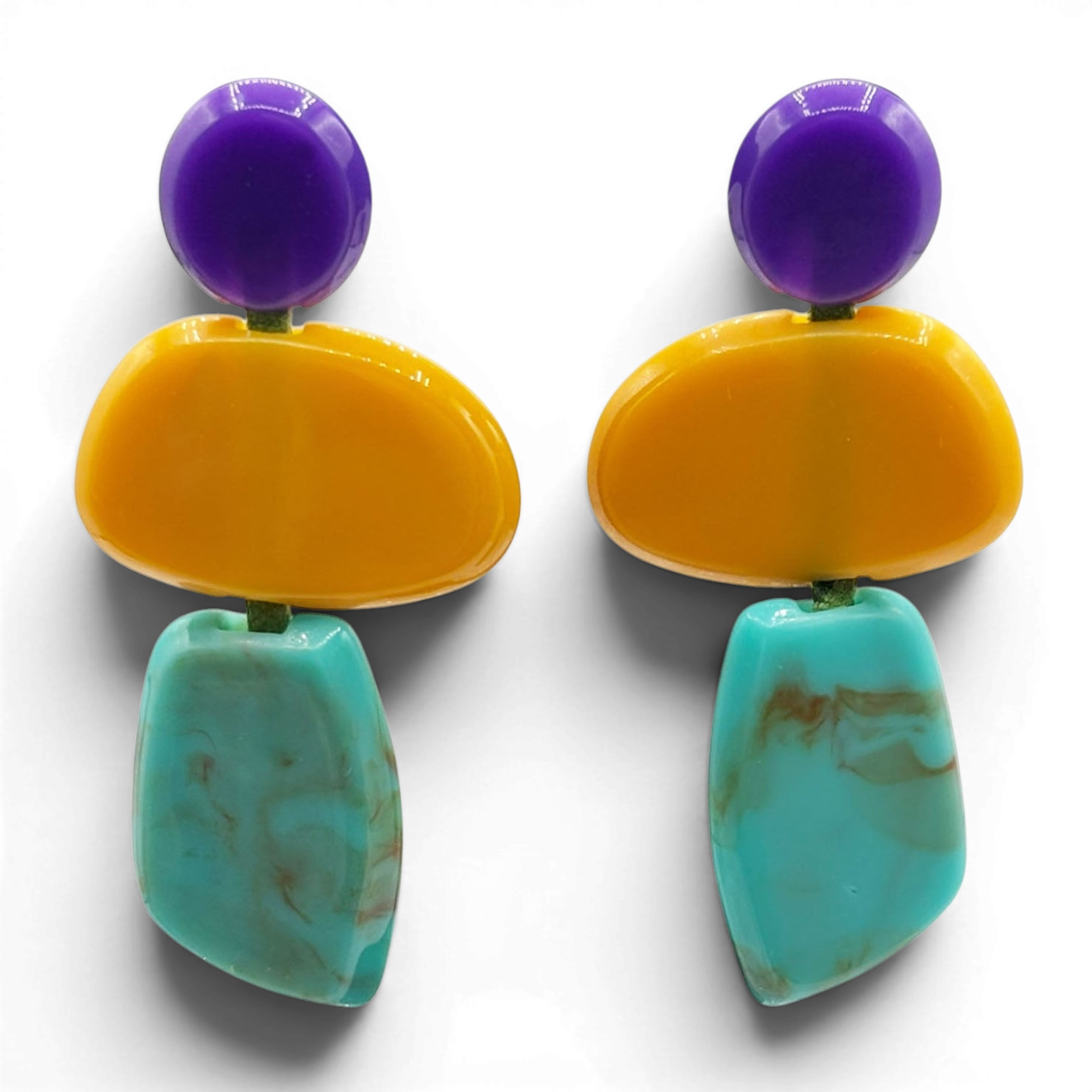Pendientes Pierrette Puzzle con triple gota en tonos morado, ámbar y turquesa