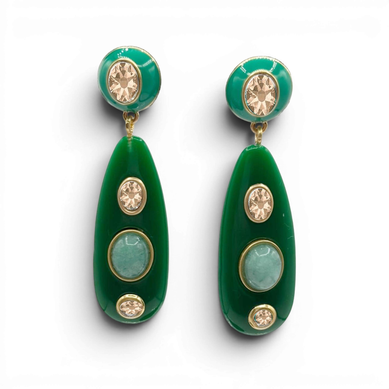 Sofia Green Resin And Enamel Pierced Earrings With Light Amethyst Crystal Stones