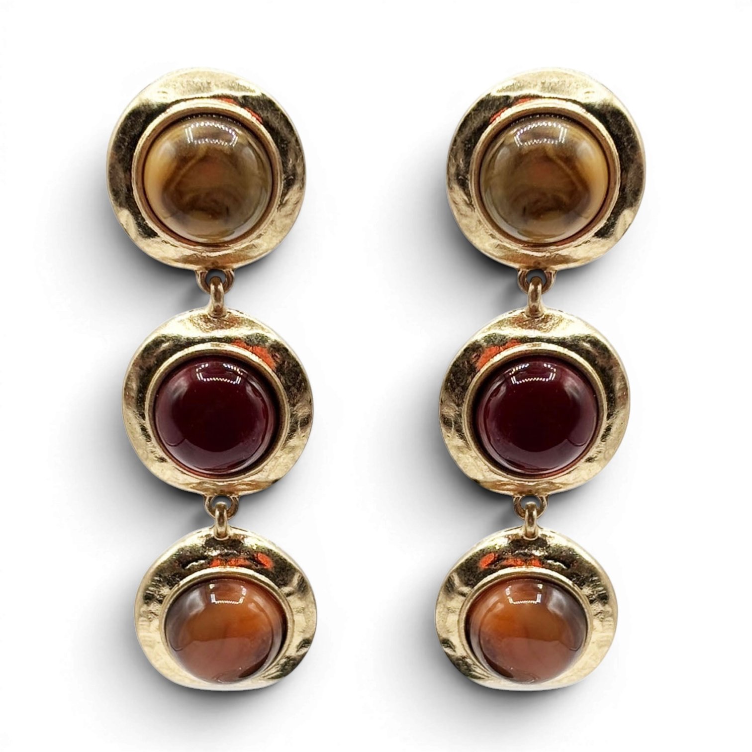 Pendientes Violetta de tres piedras de cornalina y resina ámbar
