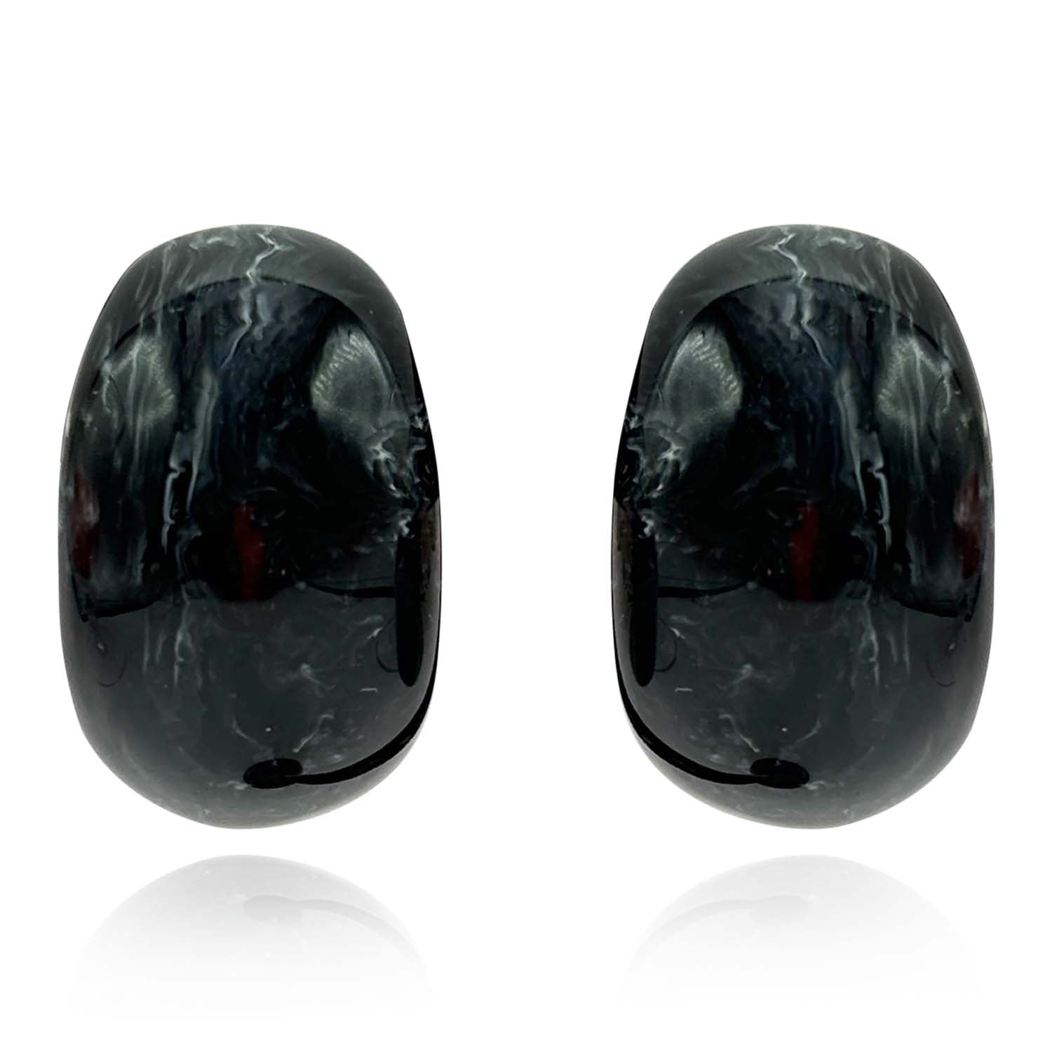 Merrie Black Marbled Resin Clip On Semi Hoop Earrings