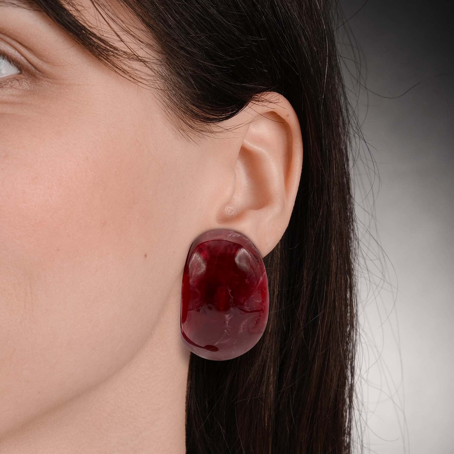 Merrie Ruby-Burgundy Marbled Resin Semi Hoop Clip On Earrings