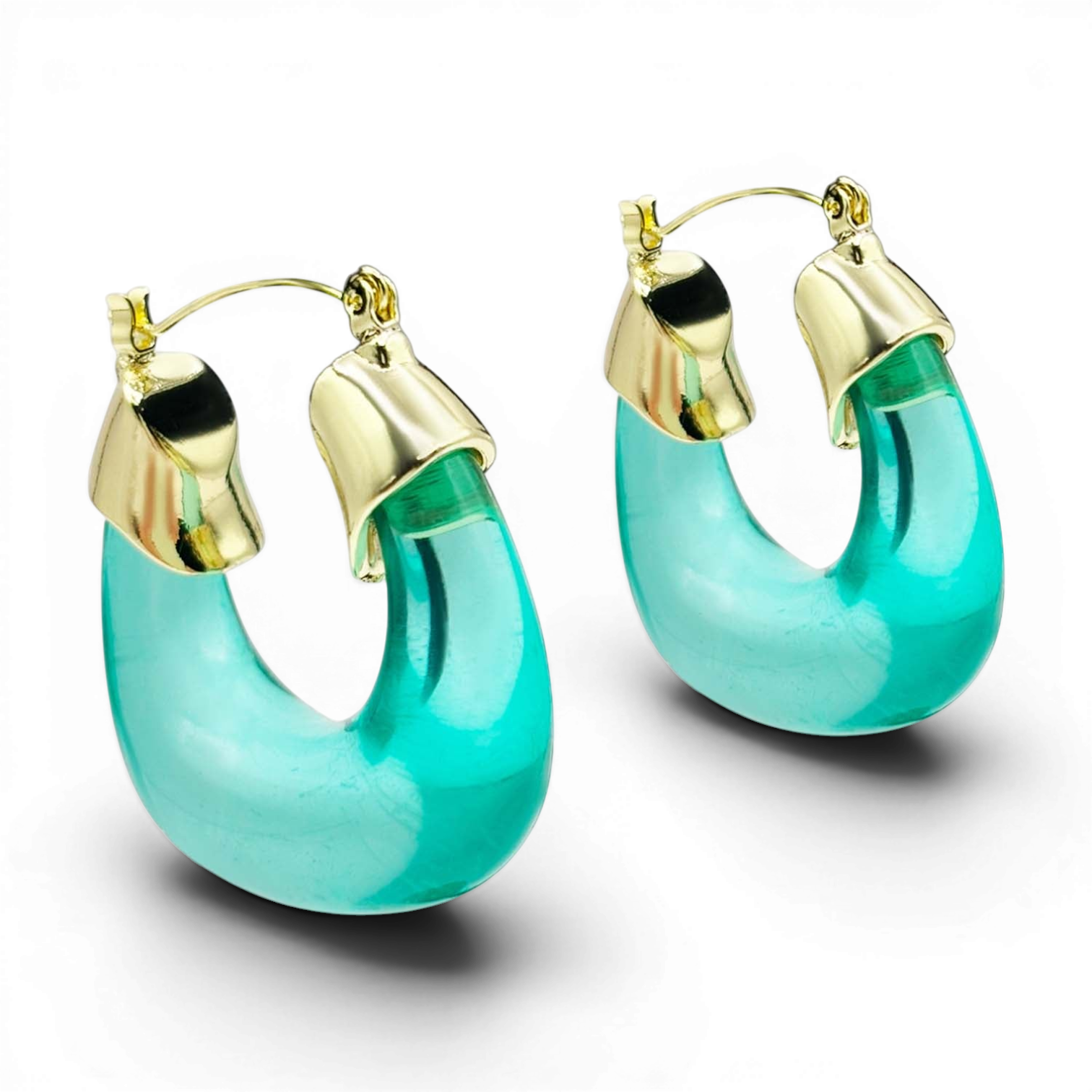 Pendientes de aro Mafalda de resina azul verdoso transparente y dorado